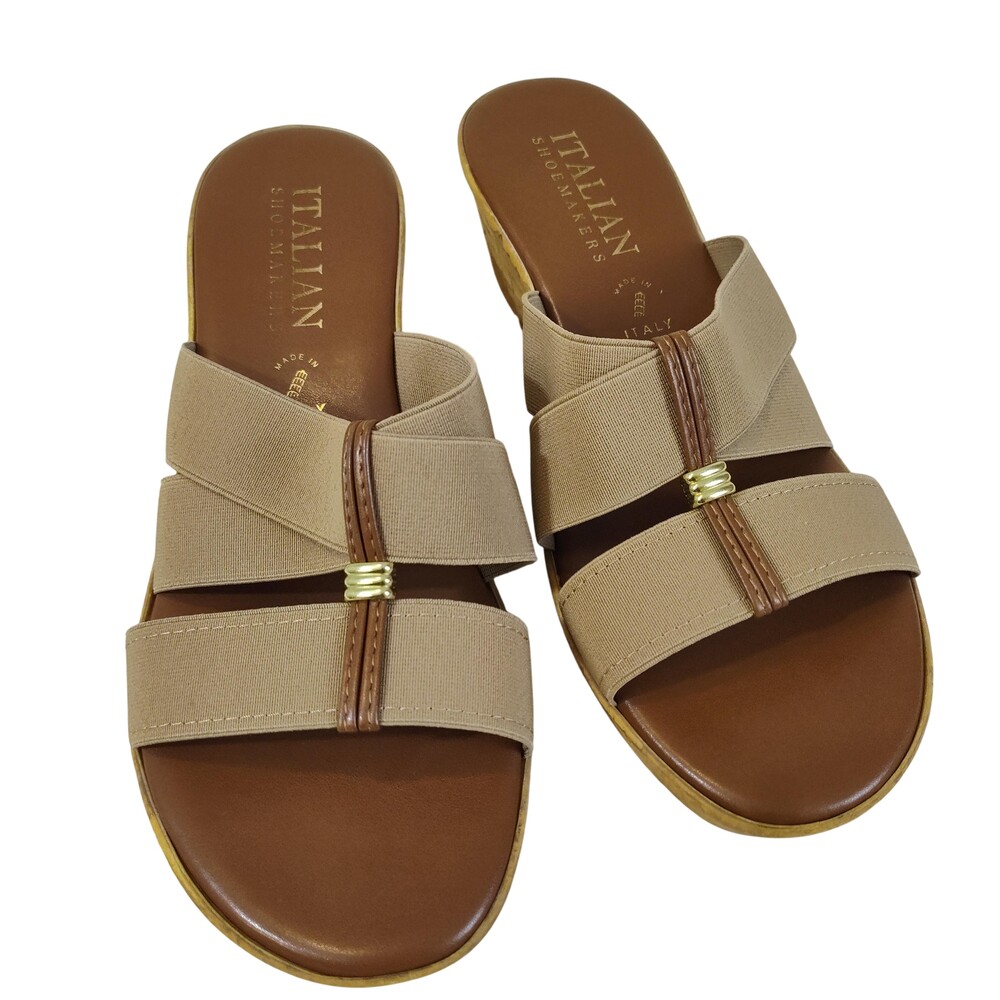 Italian Shoemakers Sandals Womens Size 10 Beige Wedge Slide Stretch Straps